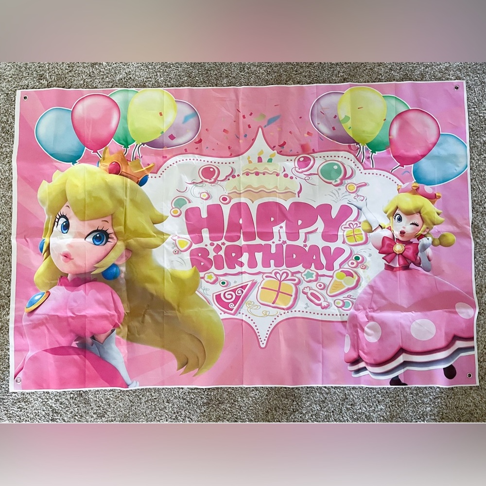 Princess Peach Happy Birthday Banner approx 3’ x 4.5’